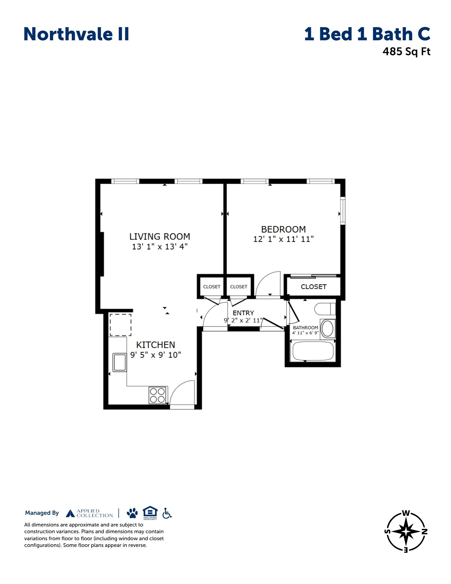 Floor plan for 1 bed, 1 bath, 485 sqft